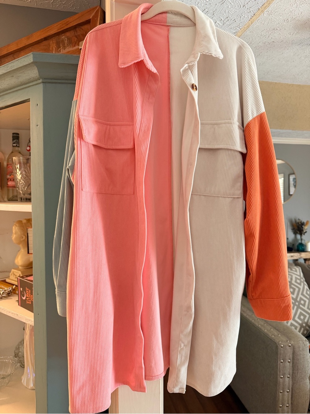 Amazon Colorblock Corduroy Button-Down Shirt Jacket in Pink, Cream & Orange